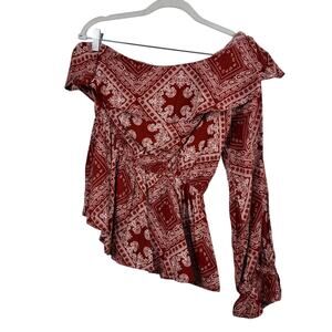 NWT Western Bandana Print Savanna Jane One Shoulder Ruffle Peplum Hem Top Large